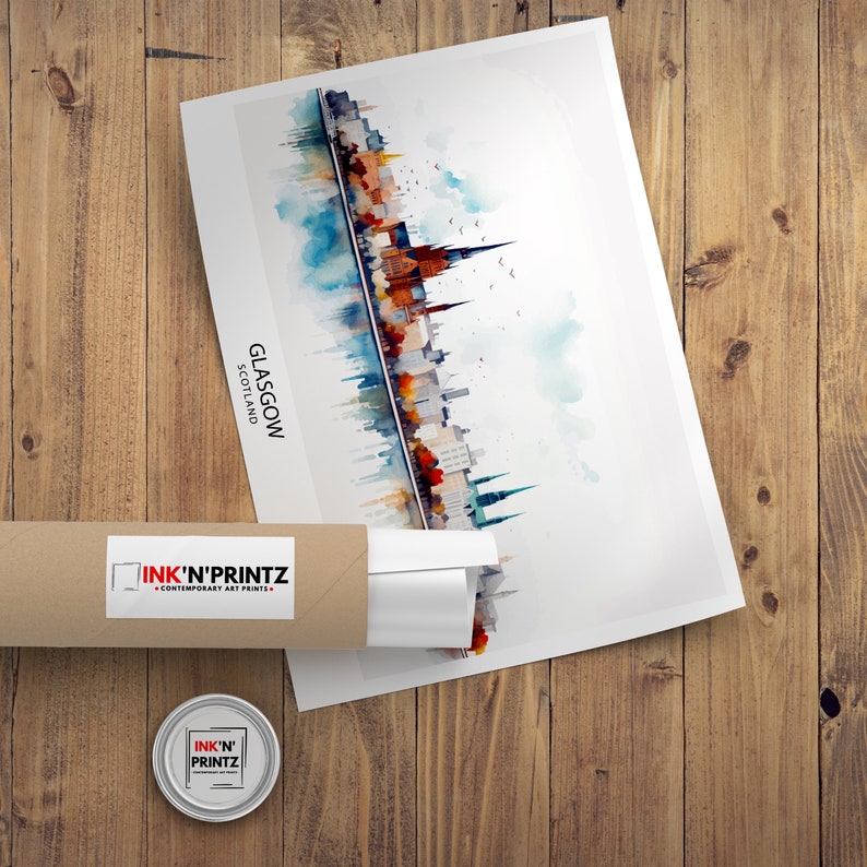 May include: A watercolor painting of the Glasgow skyline, featuring the city's iconic buildings and the River Clyde. The painting is in a muted color palette of blues, greens, and browns. The text "GLASGOW SCOTLAND" is printed in the bottom left corner.