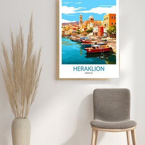 May include: A colorful illustration of a cityscape with a harbor and boats. The text "HERAKLION GREECE" is at the bottom of the image.