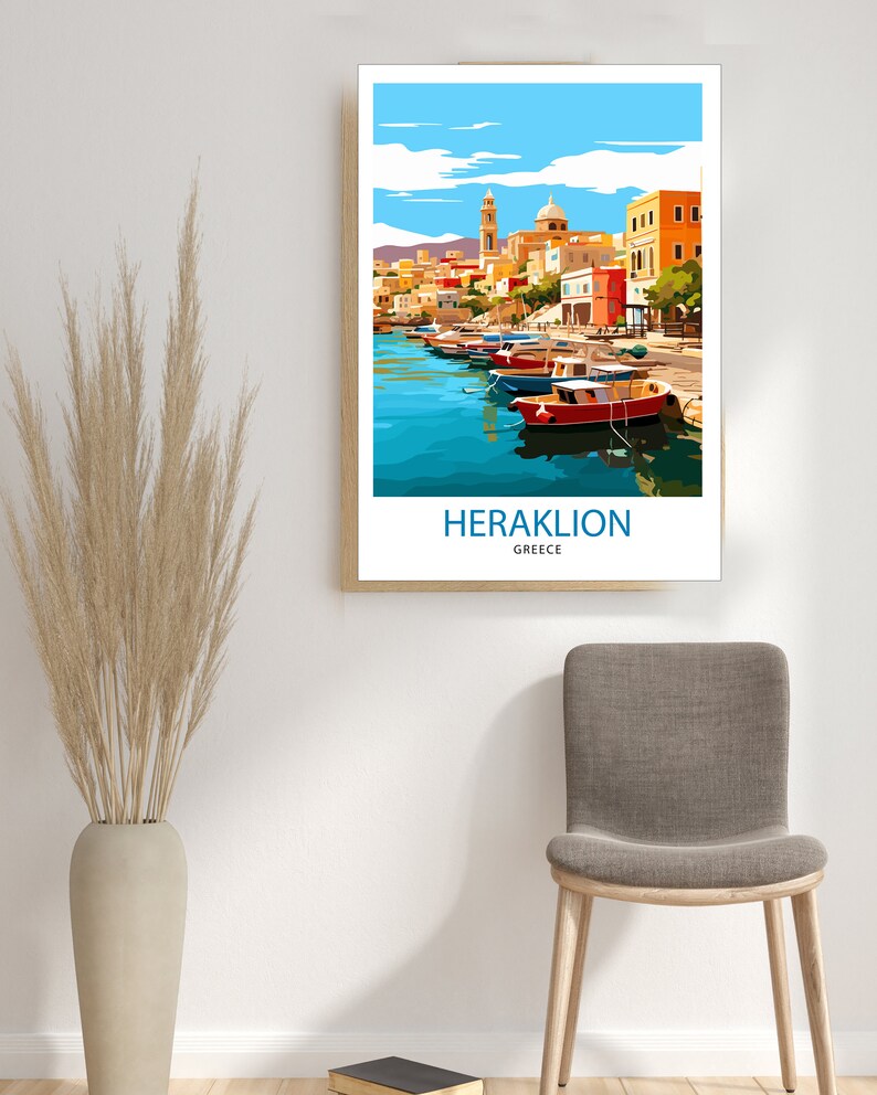 May include: A colorful illustration of a cityscape with a harbor and boats. The text "HERAKLION GREECE" is at the bottom of the image.