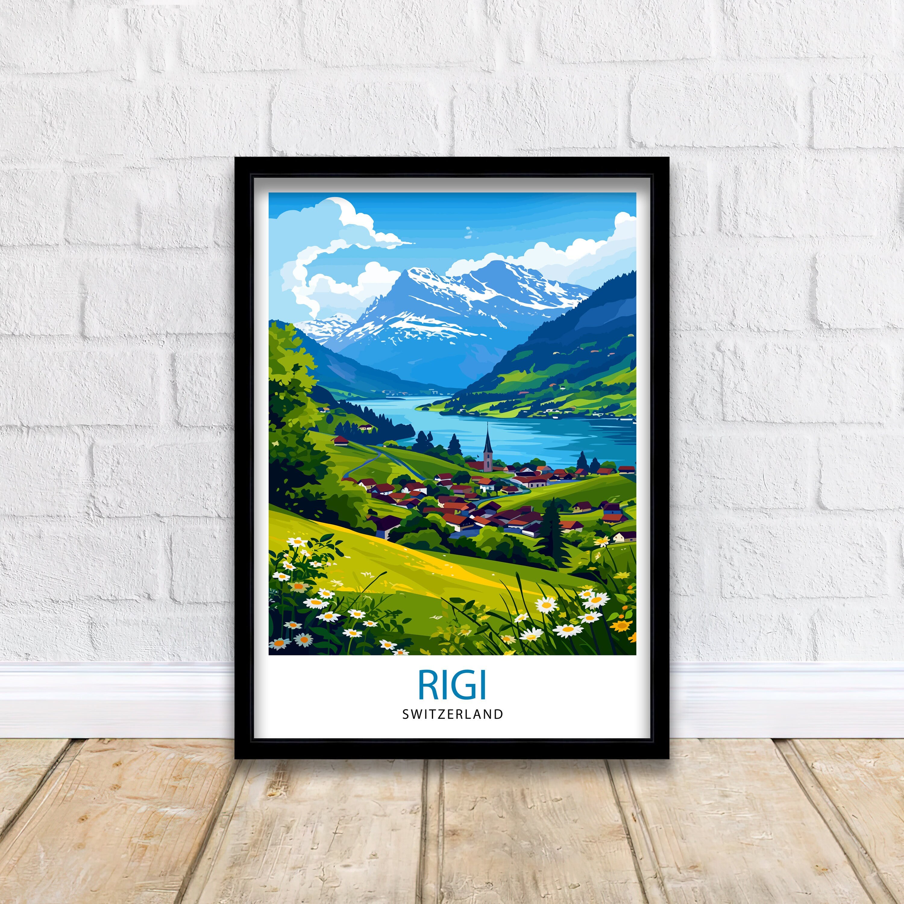 Rigi Switzerland Print  Swiss Mountain Art Lake Lucerne View Poster Alpine Landscape Decor Rigi Kulm Summit Illustration Hiking Adventure