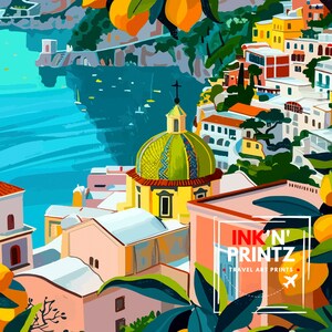 K&ouml;nnte beinhalten: Eine farbenfrohe Illustration einer Stadtlandschaft mit einer Kirche mit gr&uuml;nem Dom, einem blauen Gew&auml;sser und einem Zitronenbaum im Vordergrund. Der Text "INK'N' PRINTZ TRAVEL ART PRINTS" befindet sich in einem wei&szlig;en Kasten unten rechts.