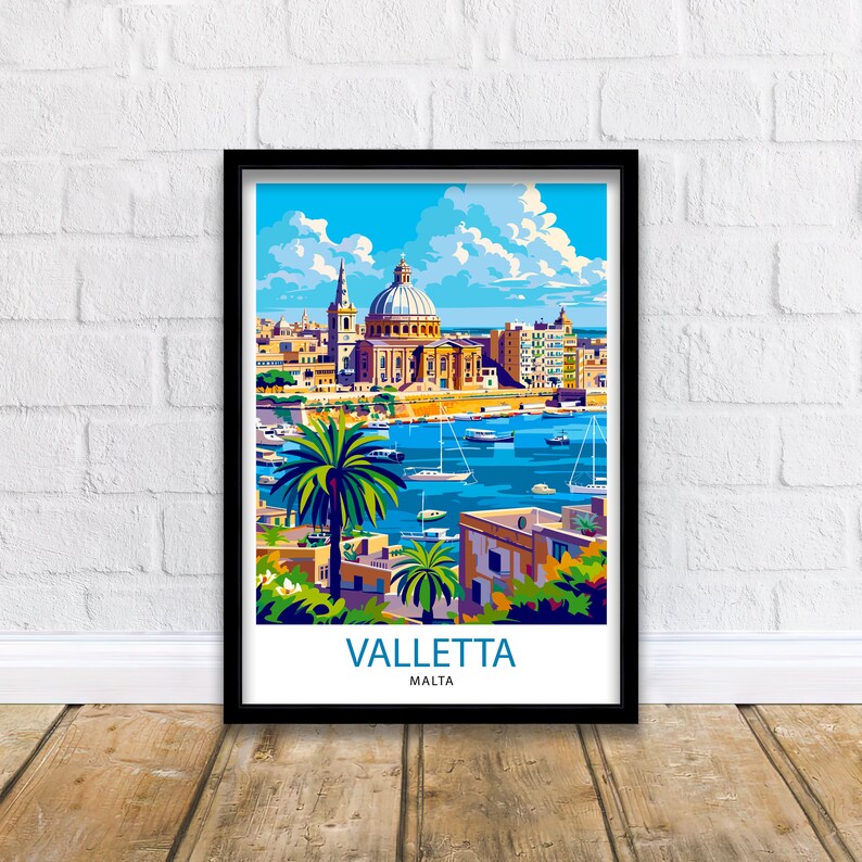 May include: A colorful illustration of Valletta, Malta, featuring a large church with a dome, a harbor with boats, and palm trees. The text "Valletta, Malta" is at the bottom of the image.