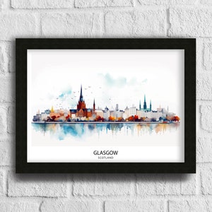 May include: A watercolor painting of the Glasgow skyline, featuring the city's iconic buildings, including the Glasgow Cathedral. The painting is framed in black and has the text "GLASGOW SCOTLAND" at the bottom.