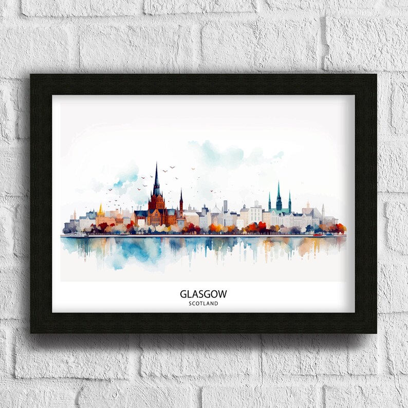 May include: A watercolor painting of the Glasgow skyline, featuring the city's iconic buildings, including the Glasgow Cathedral. The painting is framed in black and has the text "GLASGOW SCOTLAND" at the bottom.