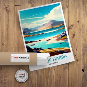 May include: A colorful illustration of a landscape with a body of water and green hills. The text "Isle of Harris, Scotland" is at the bottom of the image.