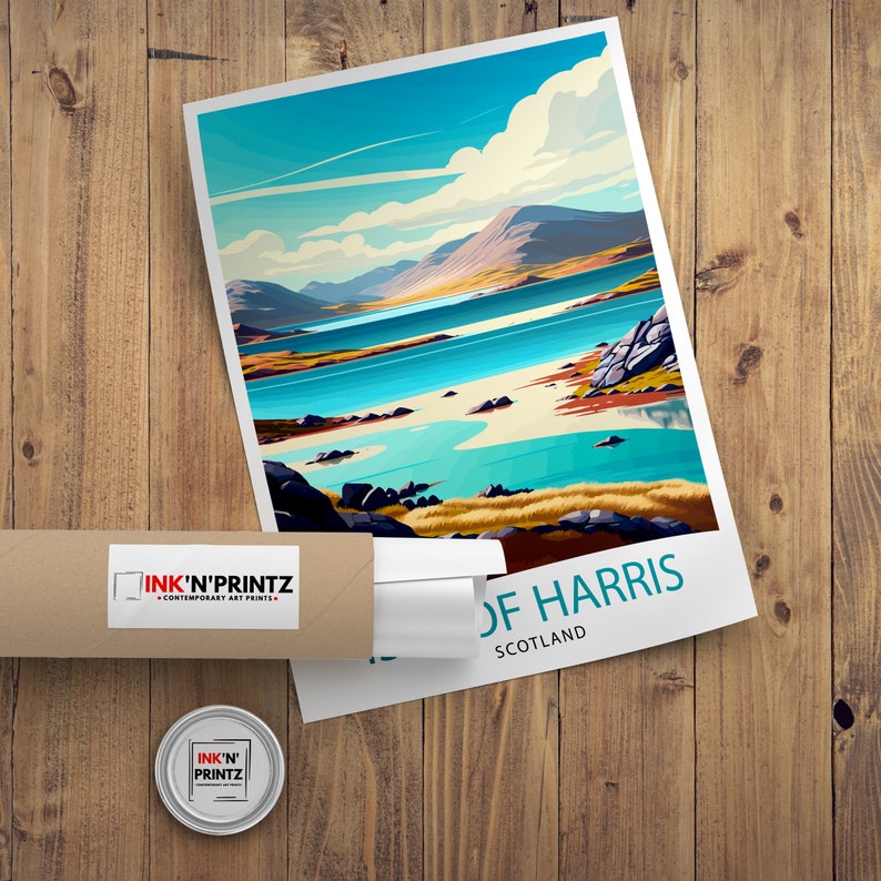 May include: A colorful illustration of a landscape with a body of water and green hills. The text "Isle of Harris, Scotland" is at the bottom of the image.
