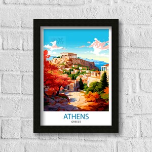 May include: A colorful illustration of the Acropolis in Athens, Greece. The image features a blue sky with white clouds, a green hill with the Acropolis on top, and a path leading up to the hill. The path is lined with trees with red, orange, and yellow leaves. The text "ATHENS GREECE" is at the bottom of the image.