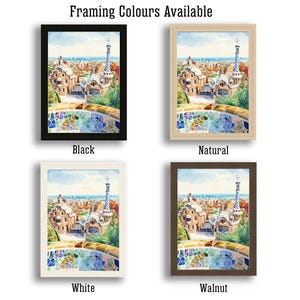 May include: Framed watercolor print of a cityscape with a tall, ornate tower and colorful mosaic details. The print is available in black, natural, white, and walnut frames. The text "Framing Colours Available" is at the top.