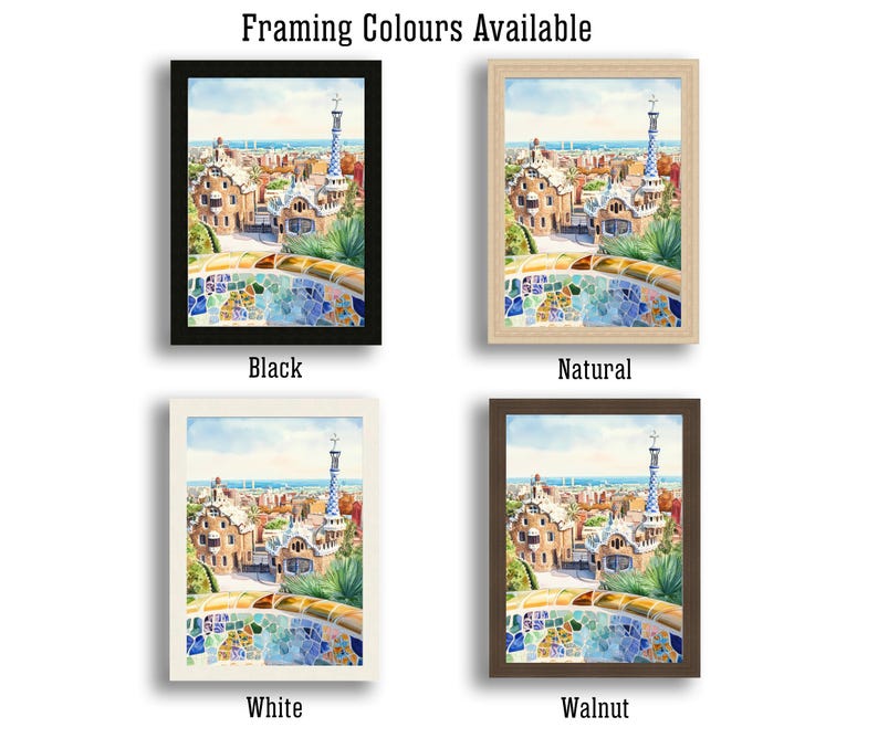May include: Framed watercolor print of a cityscape with a tall, ornate tower and colorful mosaic details. The print is available in black, natural, white, and walnut frames. The text "Framing Colours Available" is at the top.