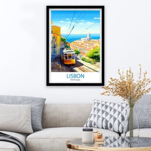 May include: A vintage travel poster featuring a yellow tram traveling up a hill in Lisbon, Portugal. The poster has a blue sky with white clouds and a view of the city in the background.