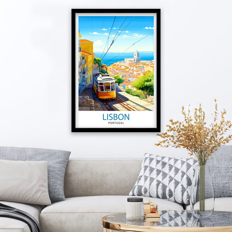 May include: A vintage travel poster featuring a yellow tram traveling up a hill in Lisbon, Portugal. The poster has a blue sky with white clouds and a view of the city in the background.