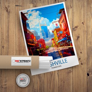 May include: A colorful illustration of a city street scene with buildings and a tall skyscraper in the background. The text "Nashville, Tennessee" is at the bottom of the image.