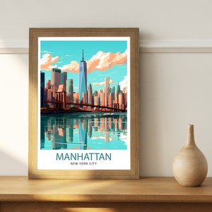 May include: A framed print of a colorful illustration of the Manhattan skyline with the Brooklyn Bridge and the Freedom Tower. The text "MANHATTAN NEW YORK CITY" is at the bottom of the print.