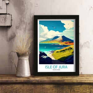 May include: A framed print of a colorful illustration of the Isle of Jura in Scotland. The print features a blue sky with white clouds, a green island with a mountain, a blue body of water, and a small sailboat. The text "Isle of Jura" and "Scotland" is printed below the illustration.