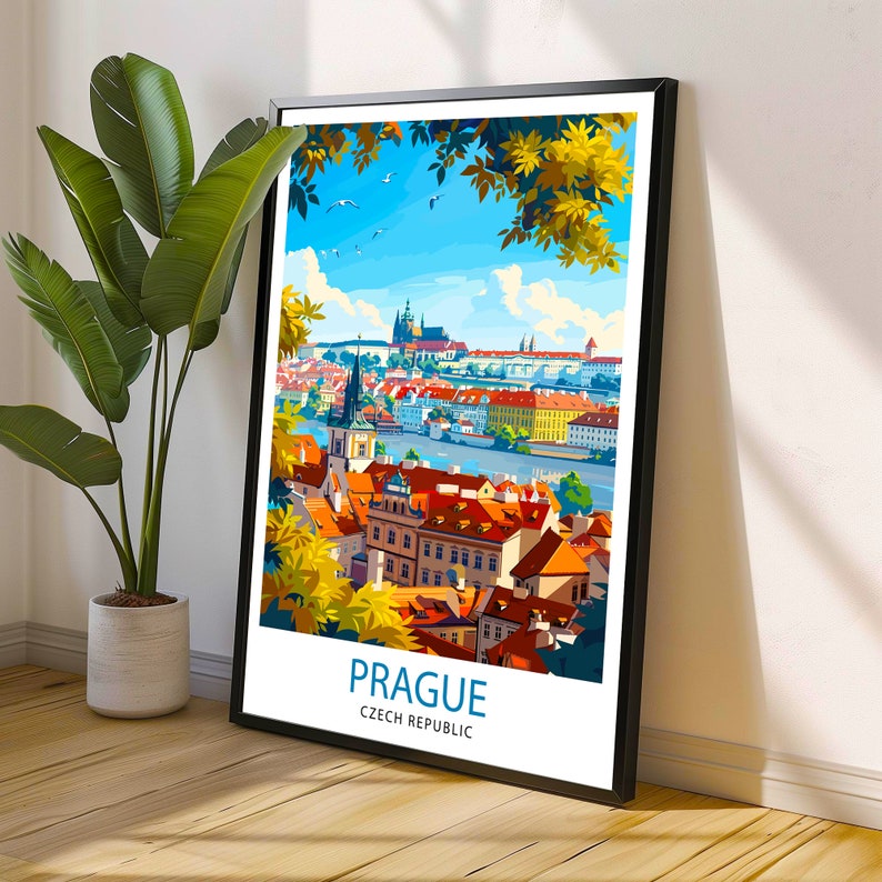 May include: A colorful illustration of Prague, Czech Republic, with a view of the city from a hilltop. The illustration features a river, buildings, and trees. The text "PRAGUE" and "CZECH REPUBLIC" is printed below the illustration.
