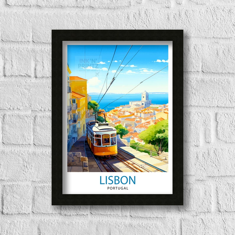 May include: A vintage travel poster featuring a yellow tram traveling up a hill in Lisbon, Portugal. The poster has a blue sky with white clouds and a view of the city and the ocean in the background. The text on the poster reads "LISBON PORTUGAL".