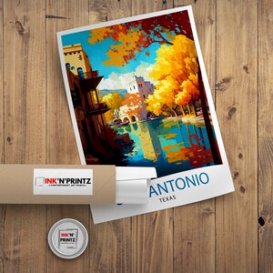 May include: A colorful vintage travel poster featuring a cityscape with a river and trees in autumn colors. The text on the poster reads "SAN ANTONIO TEXAS".