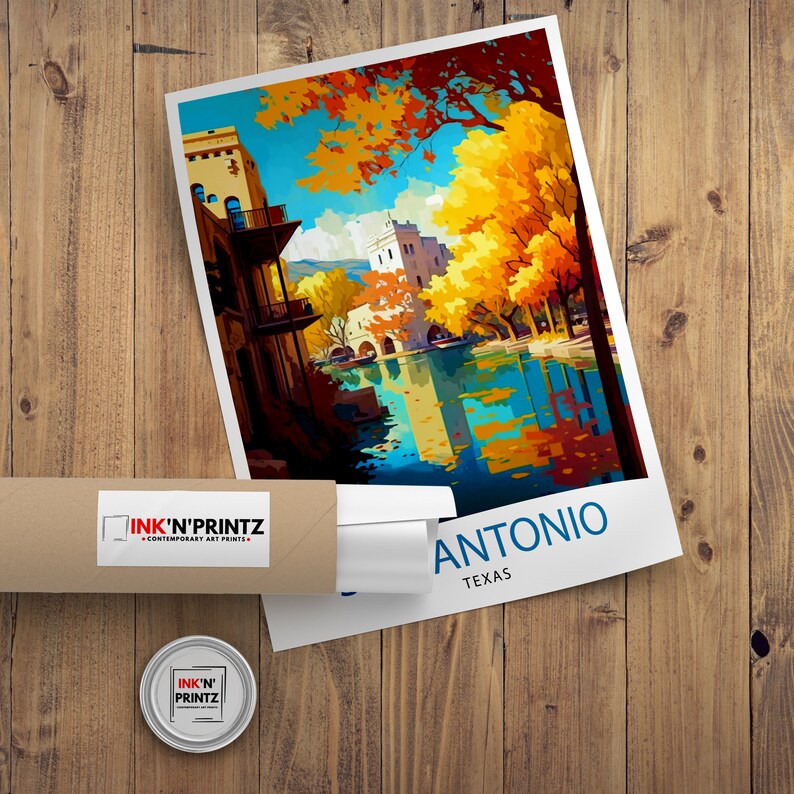 May include: A colorful vintage travel poster featuring a cityscape with a river and trees in autumn colors. The text on the poster reads "SAN ANTONIO TEXAS".