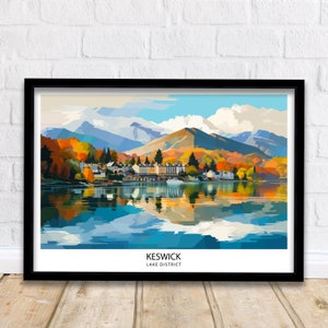 Impresión de viaje de Distrito de los Lagos de Keswick Decoración de pared de Distrito de los Lagos Decoración de vida en el hogar de Keswick Póster de viaje con ilustración de Distrito de los Lagos