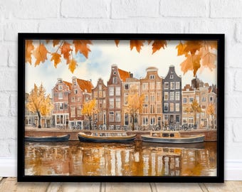 Poster con acquerello di Amsterdam, Paesi Bassi, arte murale, città, canali, case, paesaggio, stampa, regalo per gli amanti dell'Europa e gli appassionati dei paesaggi olandesi.