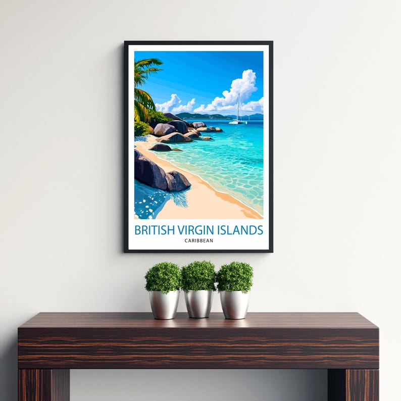 May include: A colorful illustration of a tropical beach scene with turquoise water, white sand, and large rocks. The text "BRITISH VIRGIN ISLANDS CARIBBEAN" is at the bottom of the image.