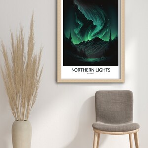 May include: A framed print of a green and blue aurora borealis over a mountain range with the text "NORTHERN LIGHTS NORWAY" at the bottom.