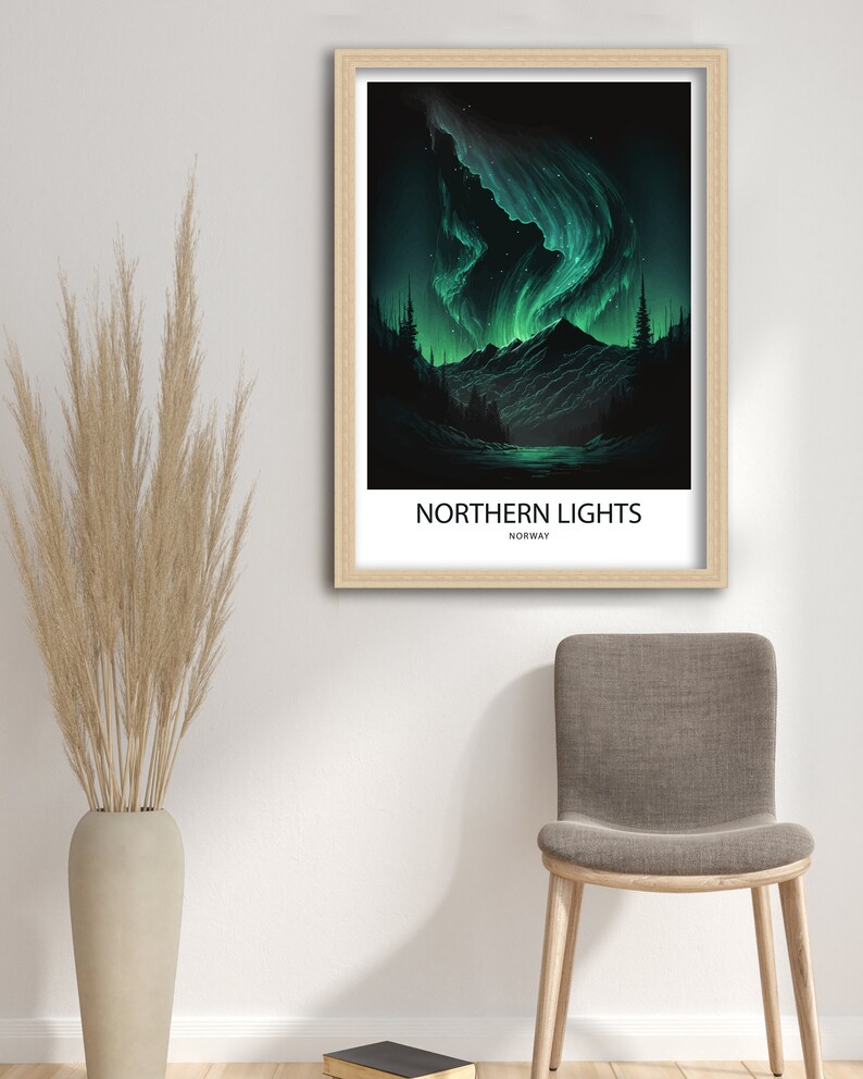 May include: A framed print of a green and blue aurora borealis over a mountain range with the text "NORTHERN LIGHTS NORWAY" at the bottom.