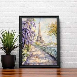 K&ouml;nnte beinhalten: Ein Aquarellgem&auml;lde des Eiffelturms in Paris, Frankreich. Der Turm befindet sich im Hintergrund, mit einem Weg, der im Vordergrund zu ihm f&uuml;hrt. Entlang des Weges befinden sich B&auml;ume und Blumen, und in der Ferne ein Fluss.