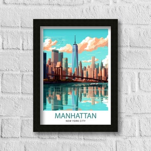 May include: A colorful illustration of the Manhattan skyline with the Brooklyn Bridge in the foreground. The image features the One World Trade Center, the Freedom Tower, and other iconic buildings. The text "MANHATTAN NEW YORK CITY" is at the bottom of the image.