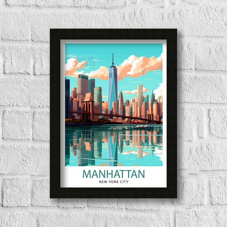 May include: A colorful illustration of the Manhattan skyline with the Brooklyn Bridge in the foreground. The image features the One World Trade Center, the Freedom Tower, and other iconic buildings. The text "MANHATTAN NEW YORK CITY" is at the bottom of the image.