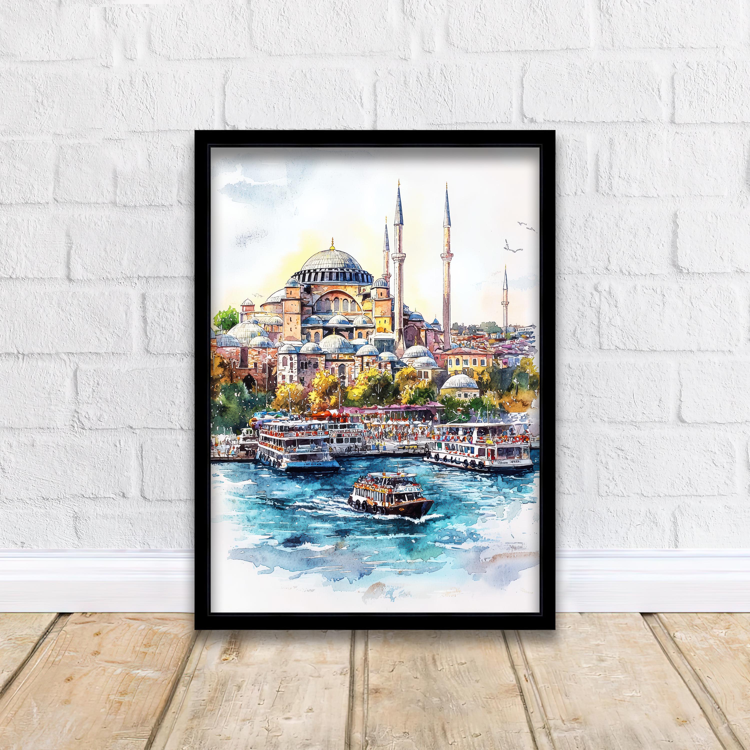 イスタンブールの街並みの水彩画、アヤソフィアの絵画、トルコ旅行の