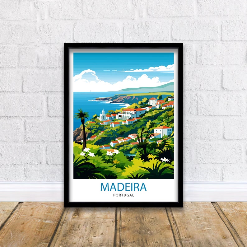May include: A colourful illustration of a coastal town in Madeira, Portugal. The image features a hillside with white buildings, green trees, and a blue ocean in the background. The text "MADEIRA PORTUGAL" is at the bottom of the image.