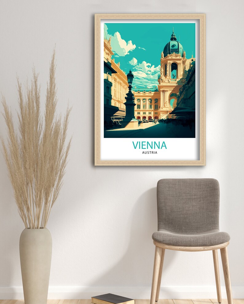 K&ouml;nnte beinhalten: Ein Vintage-Reiseposter mit einer farbenfrohen Illustration eines Geb&auml;udes in Wien, &Ouml;sterreich. Das Poster hat einen t&uuml;rkisfarbenen Hintergrund mit einem wei&szlig;en Rand und den Text "VIENNA AUSTRIA" unten.