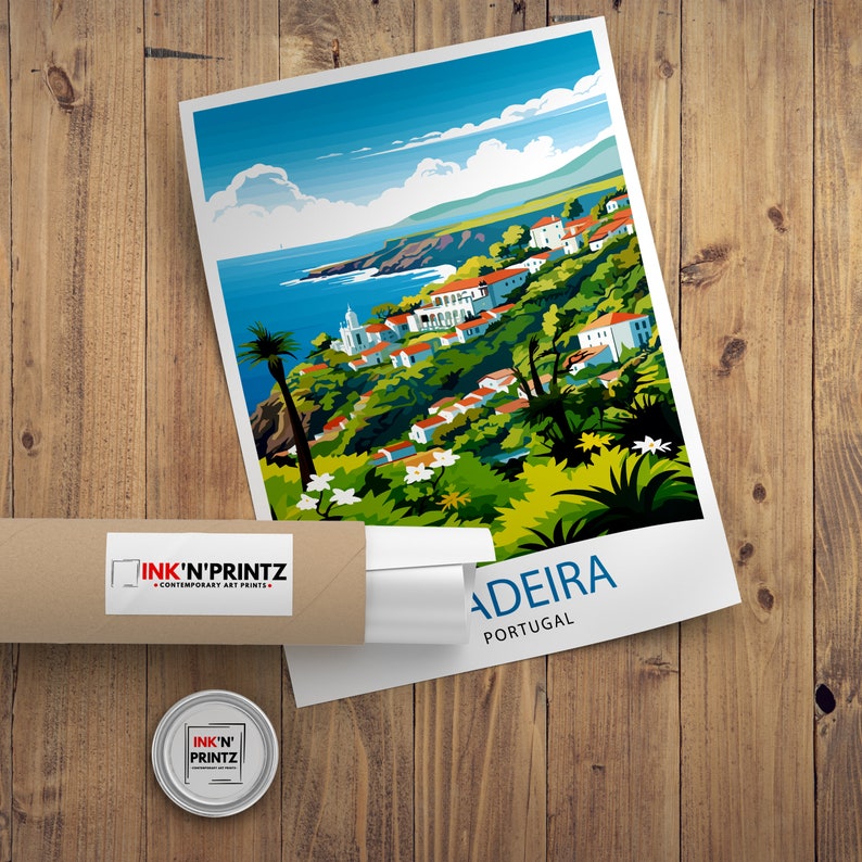 May include: A colourful illustration of a town on a hillside overlooking the ocean. The text "ADEIRA PORTUGAL" is at the bottom of the image.