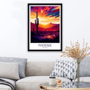 May include: A colourful abstract illustration of a desert landscape with a tall cactus in the foreground. The text "PHOENIX ARIZONA" is at the bottom of the image.