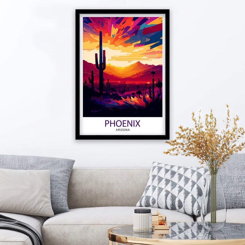 May include: A colourful abstract illustration of a desert landscape with a tall cactus in the foreground. The text "PHOENIX ARIZONA" is at the bottom of the image.
