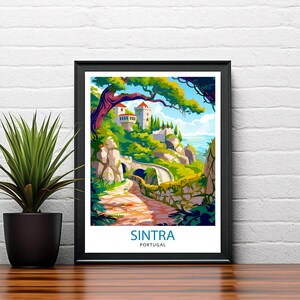 May include: A colorful illustration of a castle in Sintra, Portugal. The castle is perched on a hilltop with a winding path leading up to it. The path is lined with trees and stone walls. The sky is blue with white clouds. The text "SINTRA PORTUGAL" is at the bottom of the image.