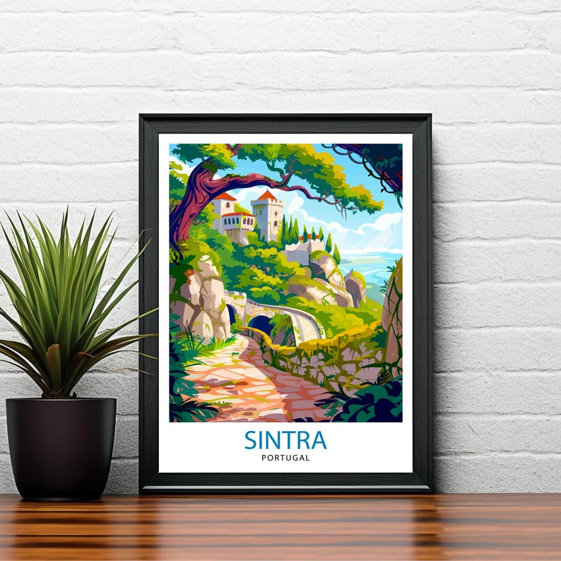 May include: A colorful illustration of a castle in Sintra, Portugal. The castle is perched on a hilltop with a winding path leading up to it. The path is lined with trees and stone walls. The sky is blue with white clouds. The text "SINTRA PORTUGAL" is at the bottom of the image.