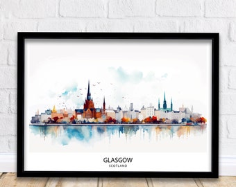 Glasgow Skyline Art Print Scottish Cityscape Poster Urban Glasgow Wall Decor Scotland Landmarks Illustration Modern City Artwork