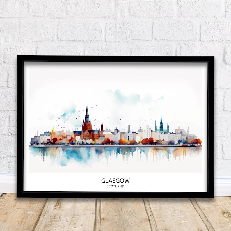 May include: A watercolor painting of the Glasgow skyline, featuring the city's iconic buildings, including the Glasgow Cathedral. The painting is set against a white background with a blue and white watercolor sky. The text "GLASGOW SCOTLAND" is printed below the skyline.
