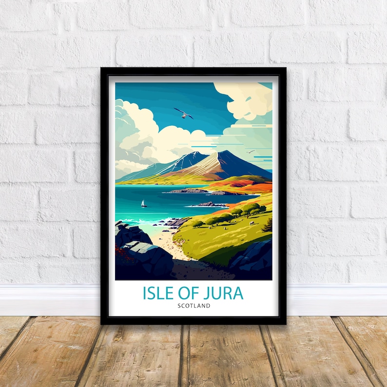 May include: A colorful illustration of a mountain range and a body of water with a sailboat on the water. The text "ISLE OF JURA SCOTLAND" is at the bottom of the image.