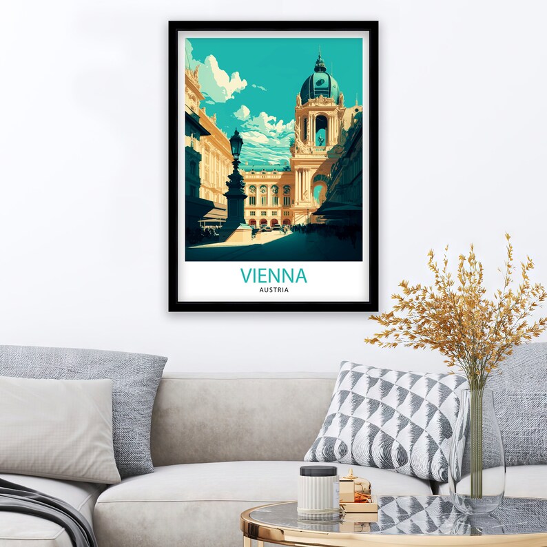 K&ouml;nnte beinhalten: Ein Vintage-Reiseposter mit einer farbenfrohen Illustration eines Geb&auml;udes in Wien, &Ouml;sterreich. Das Poster tr&auml;gt den Text "VIENNA" und "AUSTRIA" in blaugr&uuml;ner Schrift.