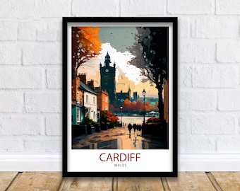 Cardiff UK Travel Poster, Colorful Cityscape Wall Art