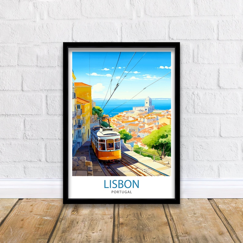 May include: A vintage travel poster featuring a yellow tram traveling up a hill in Lisbon, Portugal. The tram is traveling on a track with a view of the city and the ocean in the background. The poster has the text "LISBON PORTUGAL" at the bottom.