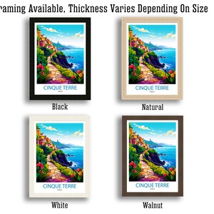 May include: A colorful illustration of Cinque Terre, Italy, with a winding path leading to a village on a cliff overlooking the ocean. The image is available in four different frame colors: black, natural, white, and walnut.