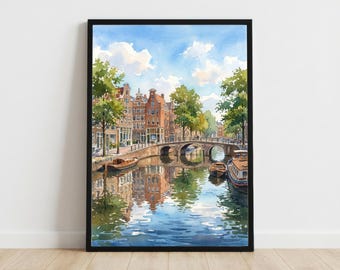 Amsterdam Nederländerna akvarell konsttryck holländsk stad väggdekor kanallandskap reseaffisch holländsk gåva heminredning
