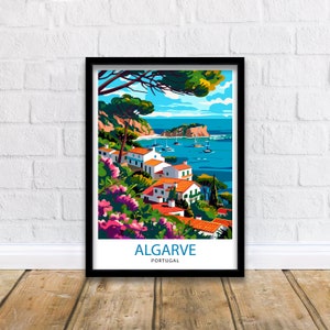 May include: A colorful illustration of a coastal town in Algarve, Portugal. The image features white houses with red tile roofs, lush green trees, and a blue ocean with boats. The text "ALGARVE PORTUGAL" is at the bottom of the image.