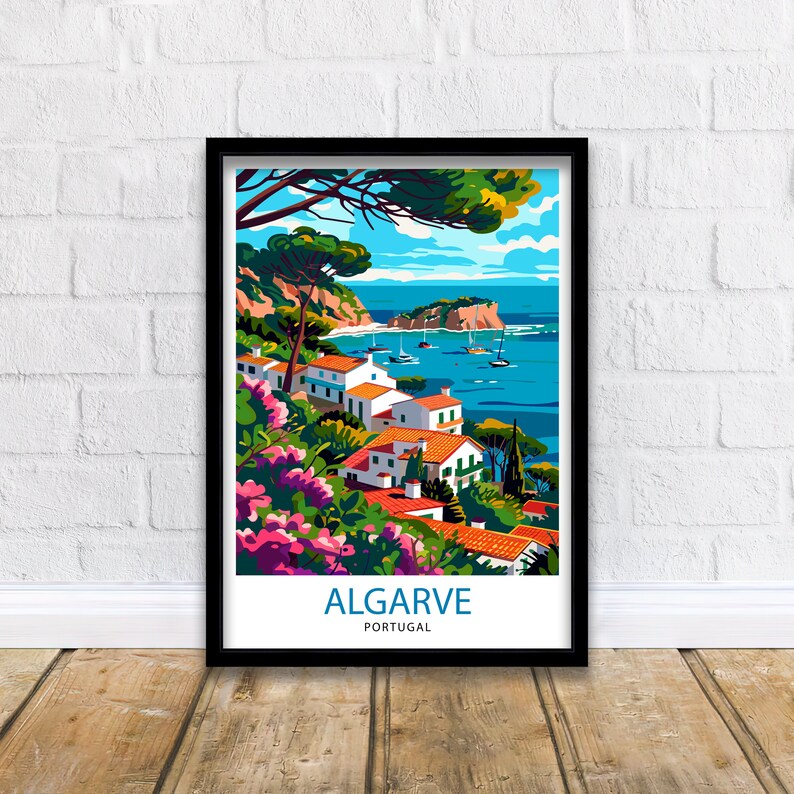 May include: A colorful illustration of a coastal town in Algarve, Portugal. The image features white houses with red tile roofs, lush green trees, and a blue ocean with boats. The text "ALGARVE PORTUGAL" is at the bottom of the image.