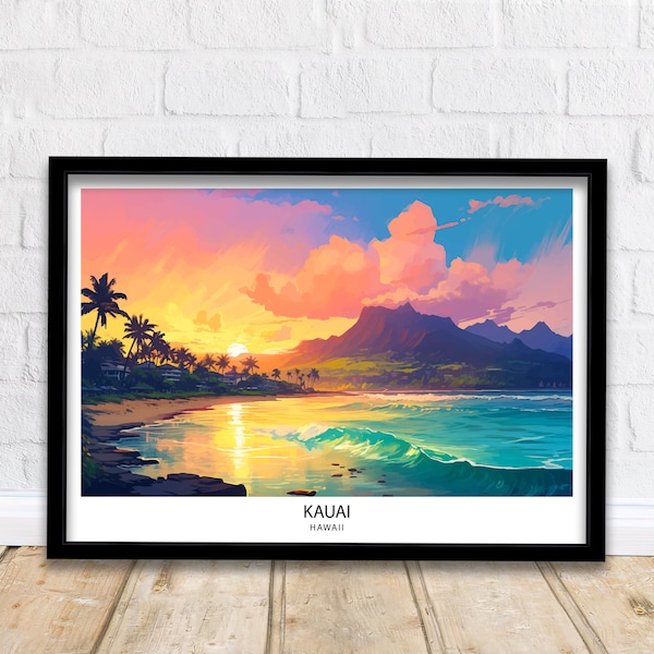 Kauai Hawaii Print  Tropical Island Art Garden Isle Poster Hawaiian Paradise Wall Decor Kauai Landscape Illustration Pacific Ocean Scenery