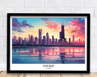 Chicago Travel Print  Chicago Wall Art Chicago Poster Chicago Illinois Print Chicago Skyline Art Travel Decor Chicago Gift